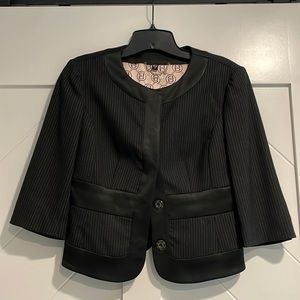 BEBE black pinstripe blazer.  Light wool with beautiful silky trim, snaps shut.
